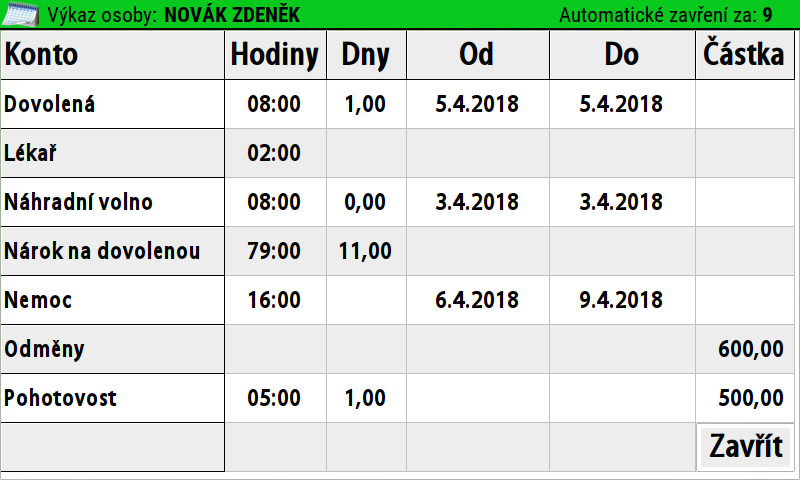 Výkaz na docházkovém terminálu